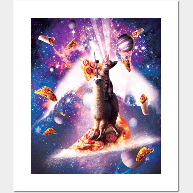 Laser Eyes Space Cat Riding On Surfing Llama Unicorn Wall Art by Random Galaxy